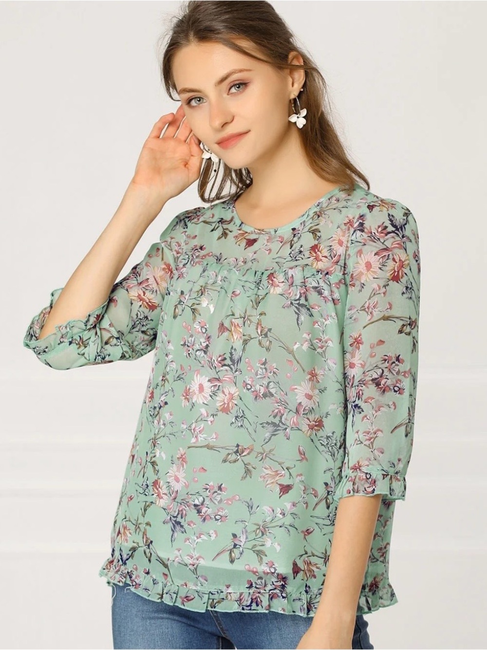 Casual Ruffle Floral Print 3/4 Sleeve Chiffon Blouse
